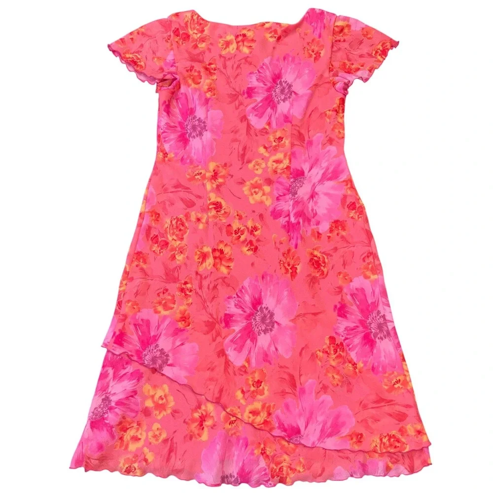 Dressbarn Pink Floral Chiffon Midi Dress V Neck Layered Size 10 - Picture 2 of 7